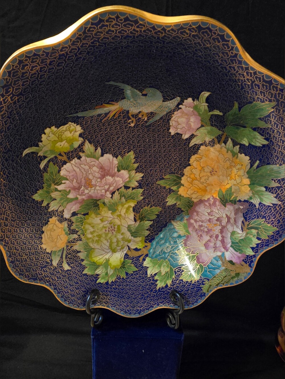 Cloisonné Floral Scalloped Decorative Bowl- Deep Blue with Multicolor Flowers